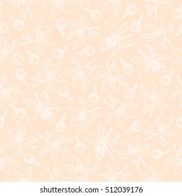 Seamless pattern with lemon flowers and buds on nude pink background. Vector hand drawn pattern. Good for packing design, textile industry, wallpapers and backgrounds.