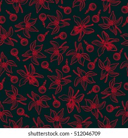 Seamless pattern with lemon flowers and buds on black background. Vector hand drawn pattern. Good for packing design, textile industry, wallpapers and backgrounds.