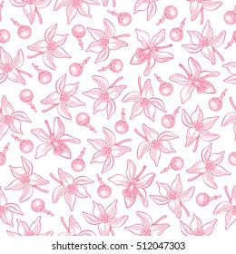 Seamless pattern with lemon flowers and buds on white background. Vector hand drawn pattern. Good for packing design, textile industry, wallpapers and backgrounds. 