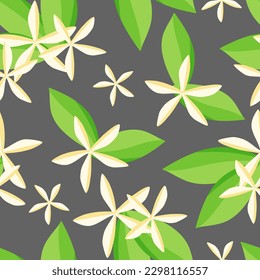 Nahtlose Muster von Zitronenblumen mit Blättern auf grauem Hintergrund. Vektorgrafik für Tapete, Umhüllung, Druck.