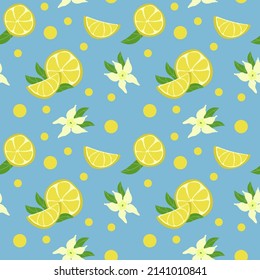 Nahtlose Muster von Zitrone, Blumen und Erbsen, handgezeichnet Elemente. Sommer. Zitronenscheiben und -kreise. Gelbe Zitronen mit Blättern und Blumen auf blauem Hintergrund. Zitrusfrüchte. Limonade. 