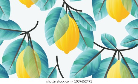 Seamless pattern, lemon fruit with blue leaves on branch on light blue background