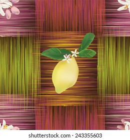 Seamless pattern with lemon fruit and flowers on grunge striped colorful background