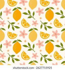 Patrón sin fisuras con fruta de limón y flores. Diseño de fondo de fruta de verano