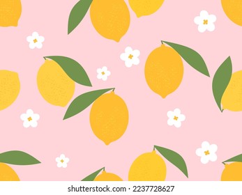 Seamless pattern with lemon fruit, green leaves and flower on pink background vector illustration.