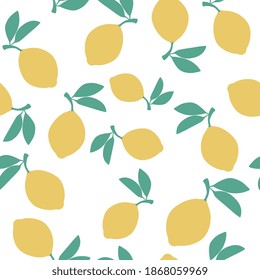 Seamless pattern with lemon fruit and leaves on white background. Vector illustration. 