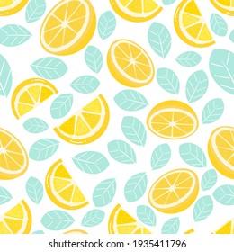 Seamless pattern with lemon fruit and leaves on white background vector illustration.