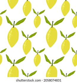 Patrón sin foco con fruta de limón y hojas aisladas en fondo blanco. Para imprimir papel envolvente, papel pintado, empaque, tela. Ilustración vectorial dibujada a mano.