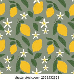Seamless pattern with lemon fruit, leaves, and flowers