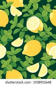 Seamless pattern of lemon fruit with mint leaf background template. Vector set of lemon element for advertising, packaging design of lemon tea products and fashion design.