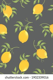 Seamless pattern of lemon fruit on dark background template. Vector set of lemon element for advertising, packaging design of lemon tea products and fashion design.