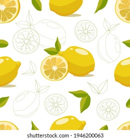 Seamless pattern of lemon fruit, slices and leaves on a white background. Linear and cartoon style. Vector