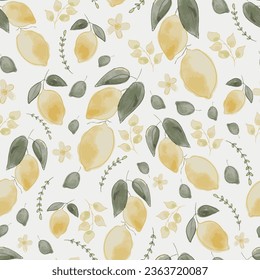 Seamless Pattern. Lemon Fruits Background. Floral Pattern. Flowers, Leaves, Lemons Background. Bright light pattern with Fresh lemons for fabric, drawing labels or print on t-shirt.