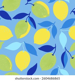 Seamless pattern with lemon fruits and branches. Vector illustration in contemporary minimalistic style.