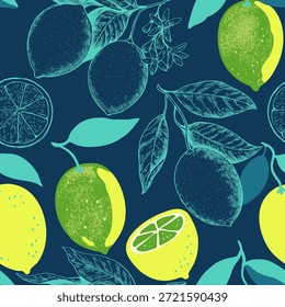 Patrón sin fisuras con frutas de limón y ramas. Ilustración vectorial en estilo audaz dibujado a mano contemporáneo.