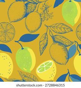 Patrón sin fisuras con frutas de limón y ramas. Ilustración vectorial en estilo audaz dibujado a mano contemporáneo.