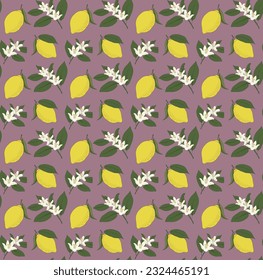 Seamless pattern of lemon fruits and flowers on mauve background. Boho surface design for fabrics and paper prints.
