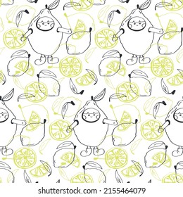 Seamless pattern with lemon fruits and kid character in fruit costume. Vector illustration in doodle style on a white background. Template for printing paper, fabric and wallpaper.