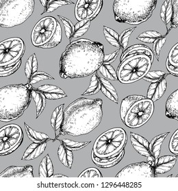 Seamless pattern with lemon fruits and leaves. Hand drawn vector on gray background.