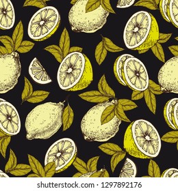 Seamless pattern with lemon fruits and leaves. Hand drawn vector on black background.