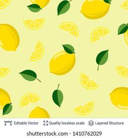 Seamless pattern with lemon fruits and leaves. Vector background design.