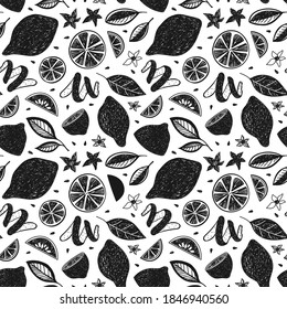 SEAMLESS PATTERN WITH LEMON FRUITS AND LEAVES IN VECTOR
