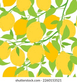 Seamless pattern with lemon fruits and leaves. Fruit repeating background. Vector illustration for fabric or wallpaper