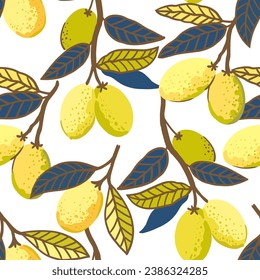 Seamless pattern with lemon fruits and leaves. Vector illustration of lemon branches in minimalistic doodle style.