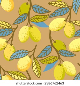 Seamless pattern with lemon fruits and leaves. Vector illustration of lemon branches in minimalistic doodle style.