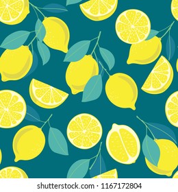 Seamless pattern with lemon fruits, slices and leaves. Element for design.