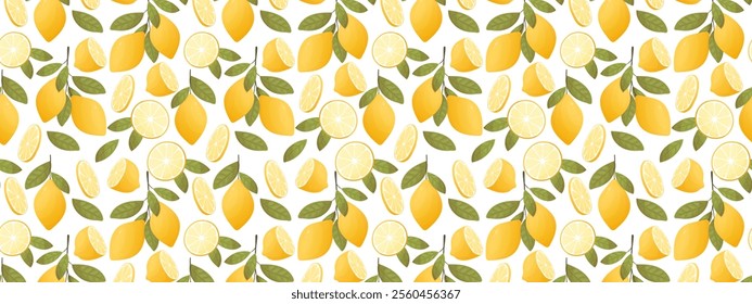 Seamless pattern with lemon fruits, slices and leaves. Element for design.