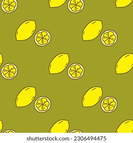 Seamless pattern with lemon. Green background. Juicy citrus. Vector illustration hand drawn print or wrapping, fabric or paper