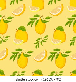 Seamless pattern lemon with a green branch with leaves on a yellow juicy background. Vitamit C, yellow juicy citrus, flat, cartoon. Design of postcards, menus, banners, printing on fabric, covers