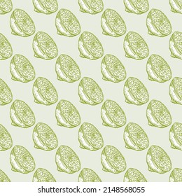Seamless pattern lemon half engraving. Vintage background of citrus fruits in hand drawn style. Repeated color design texture for printing, fabric, wrapping, wallpaper, tissue. Vector illustration.