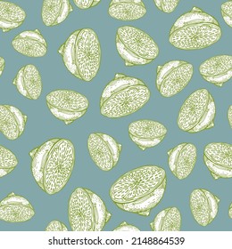 Seamless pattern lemon half engraving. Vintage background of citrus fruits in hand drawn style. Repeated color design texture for printing, fabric, wrapping, wallpaper, tissue. Vector illustration.