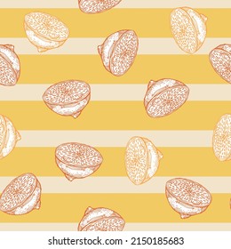 Seamless pattern lemon half engraving. Vintage background of citrus fruits in hand drawn style. Repeated color design texture for printing, fabric, wrapping, wallpaper, tissue. Vector illustration.