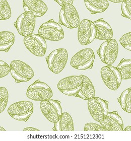Seamless pattern lemon half engraving. Vintage background of citrus fruits in hand drawn style. Repeated color design texture for printing, fabric, wrapping, wallpaper, tissue. Vector illustration.