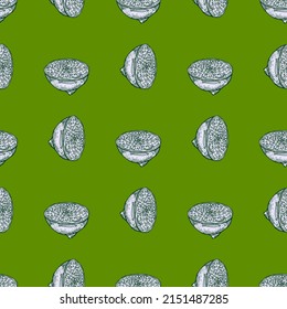 Seamless pattern lemon half engraving. Vintage background of citrus fruits in hand drawn style. Repeated color design texture for printing, fabric, wrapping, wallpaper, tissue. Vector illustration.