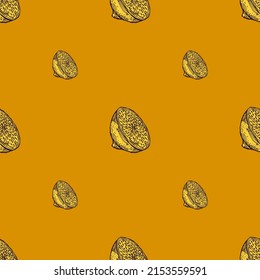 Seamless pattern lemon half engraving. Vintage background of citrus fruits in hand drawn style. Repeated color design texture for printing, fabric, wrapping, wallpaper, tissue. Vector illustration.