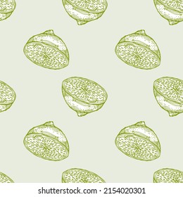 Seamless pattern lemon half engraving. Vintage background of citrus fruits in hand drawn style. Repeated color design texture for printing, fabric, wrapping, wallpaper, tissue. Vector illustration.
