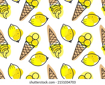 Patrón sin foco con helados de limón y frutas de limón. Ice Cream repetida ilustración Vector. Plantilla de alimentos congelados para café, menú de restaurante, textil, papel tapizado, scrapbooking, papel de embalaje