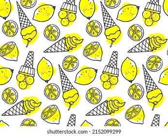 Seamless pattern with lemon Ice Cream and lemon fruits. Ice Cream repeated Vector illustration. Yellow Food template for cafe, restaurant menu, textile, wallpaper, scrapbooking, wrapping paper