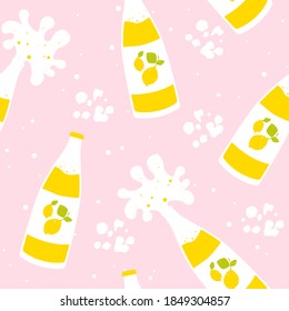 Seamless pattern with lemon juice bottle and splash on pink background. Flat design. Vector cartoon banner.