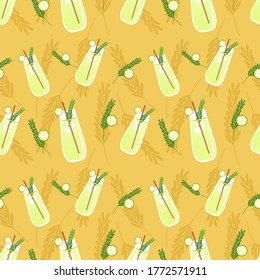 Patrón sin foco con jugo de limón sobre fondo marrón. Ilustración vectorial de bebida fresca