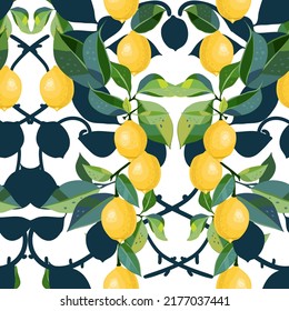 Seamless pattern with lemon, leaves and abstract shapes. Can be used for textile design, printing fabric.  Limited color palette.