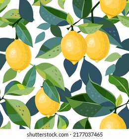 Seamless pattern with lemon, leaves. Can be used for textile design, printing fabric.  Limited color palette.