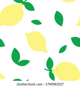 seamless pattern with lemon and leaves. Flat vector illustration on white isolated background.