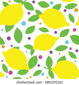 seamless pattern with lemon and leaves. Flat vector illustration isolated on white background.