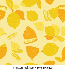 seamless pattern with lemon and leaves on a yellow background, vector design for paper, fabric and other surface