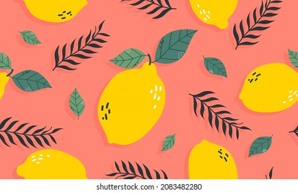Seamless pattern lemon and leaves on colour background. Vector illustration.